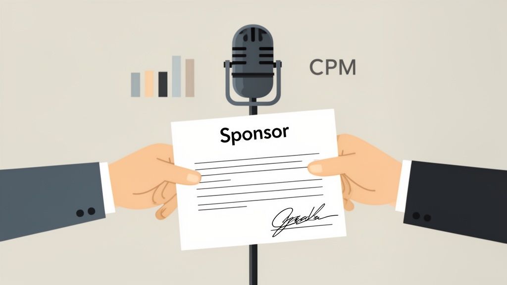 Two hands hold a signed 'Sponsor' document, with a microphone, bar graph, and 'CPM' behind.