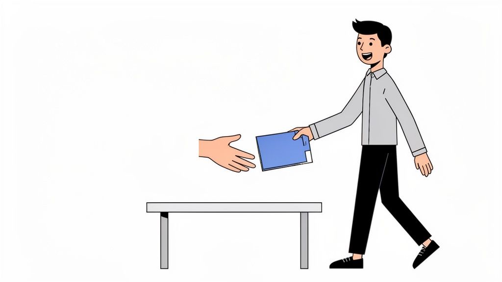 A cartoon man passing a blue document folder to another hand over a table.
