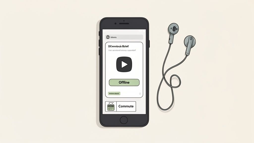 A smartphone displaying a podcast app with 'Offline' and 'Commute' buttons, alongside grey wired earphones.