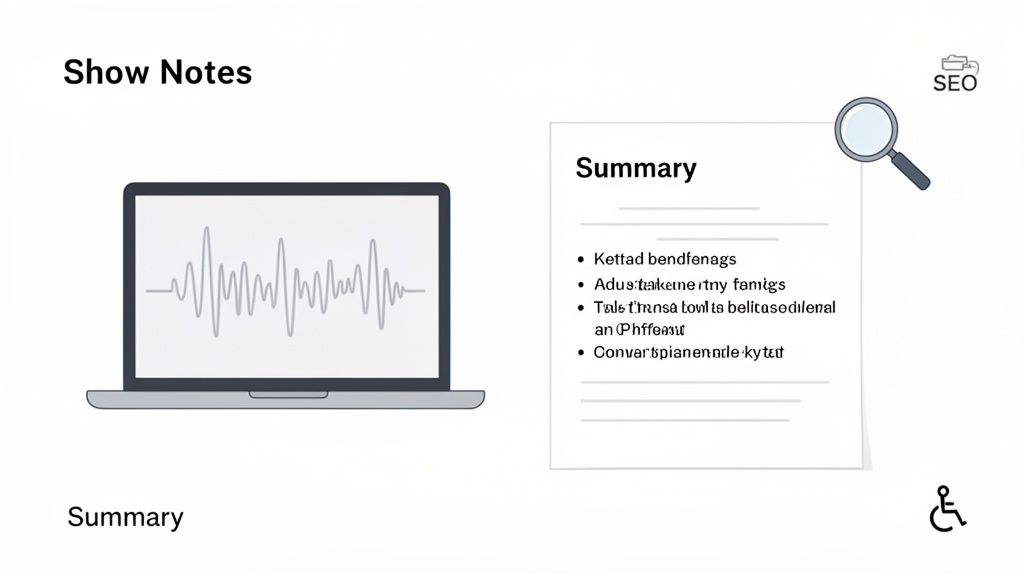A laptop displaying an audio waveform next to a document titled 'Summary' with podcast show notes.