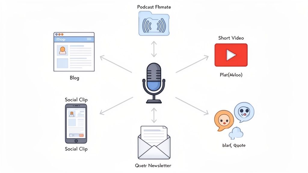 A central microphone icon branching out to various content formats: blog, podcast, short video, social clips, newsletter, and quotes.