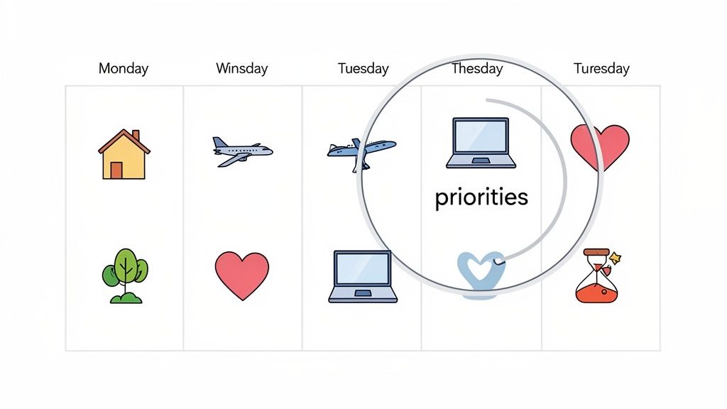 A weekly schedule displays various icons for activities, with 'priorities' highlighted in a magnifying glass effect.