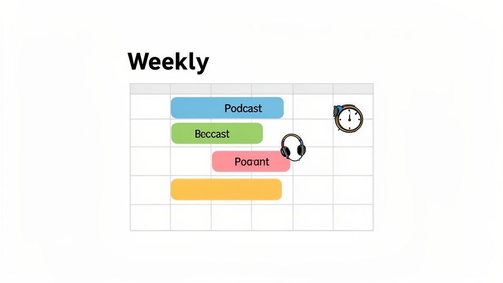 A weekly podcast schedule grid showing blue, green, and pink bars, with headphone and alarm clock icons.