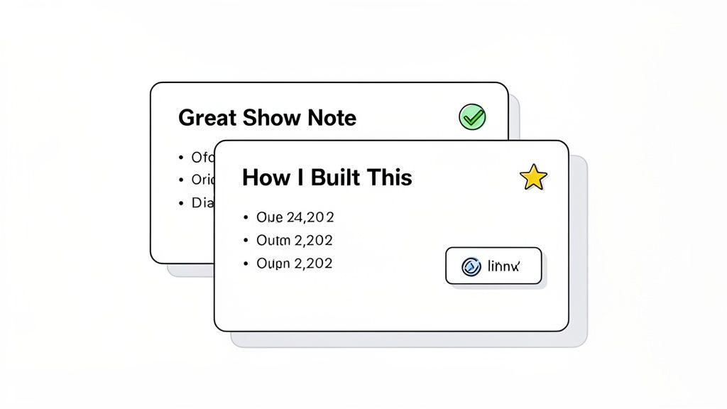 Digital cards with 'Great Show Note' and 'How I Built This' display podcast show note details and icons.
