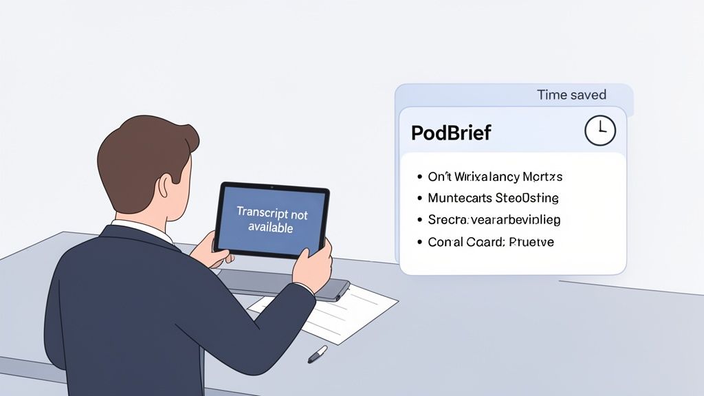A man views a tablet displaying 'Transcript not available' next to a 'PodBrief' summary with a 'Time saved' label.
