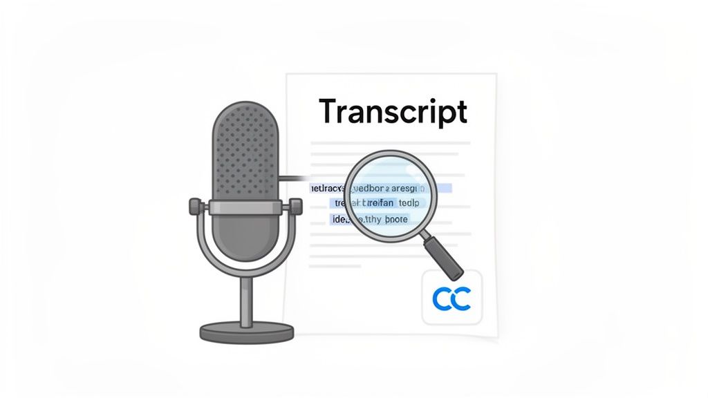A microphone, a document titled 'Transcript' with highlighted text under a magnifying glass, and a CC icon.