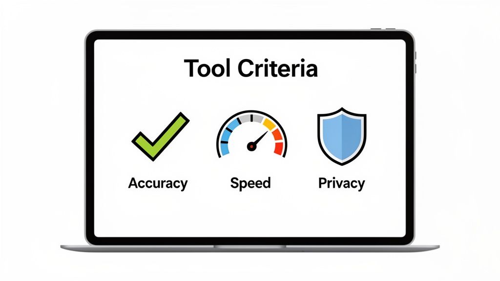Laptop screen displays 'Tool Criteria' with icons representing Accuracy, Speed, and Privacy.