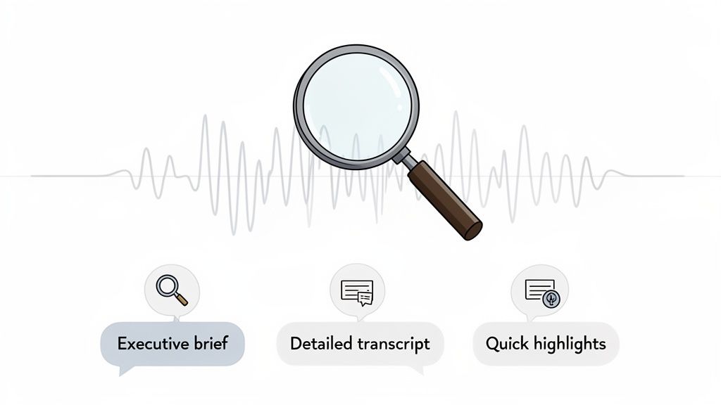Visualizing audio analysis: a magnifying glass over a waveform, offering briefs, transcripts, and highlights.