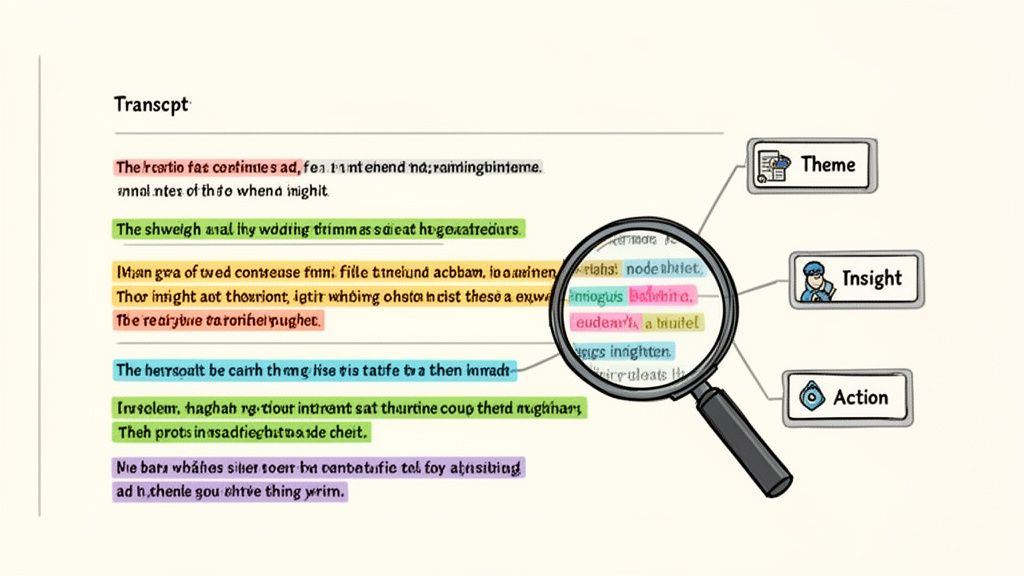 A diagram illustrates a transcript being analyzed with a magnifying glass to extract themes, insights, and actions.
