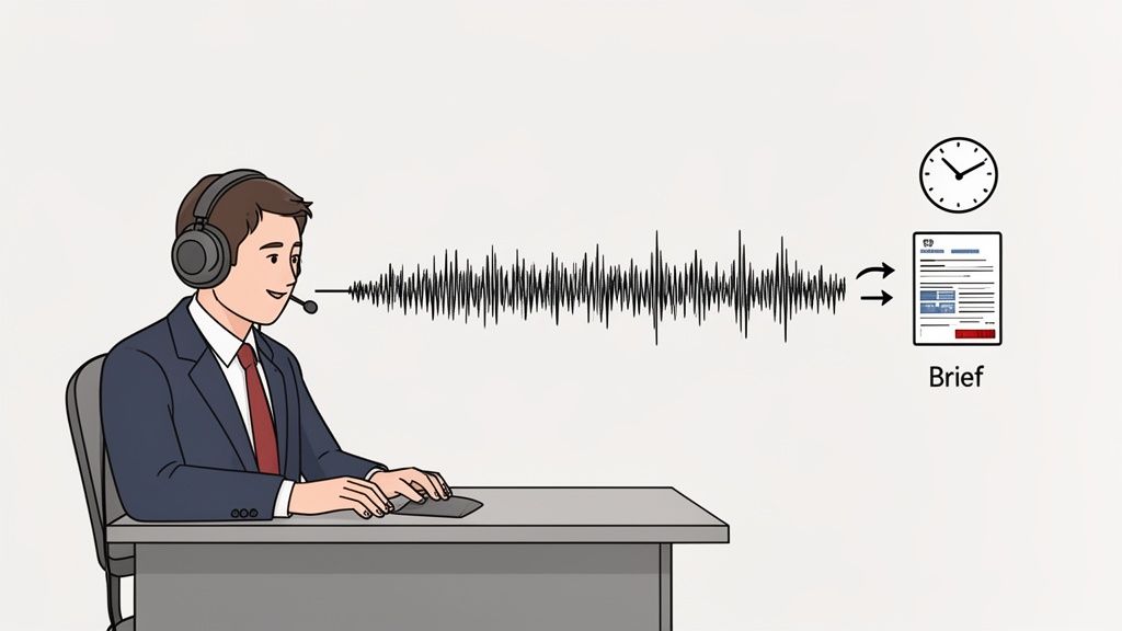 A person with a headset dictates, with their audio waveform being processed into a summary document, indicating speech-to-text.