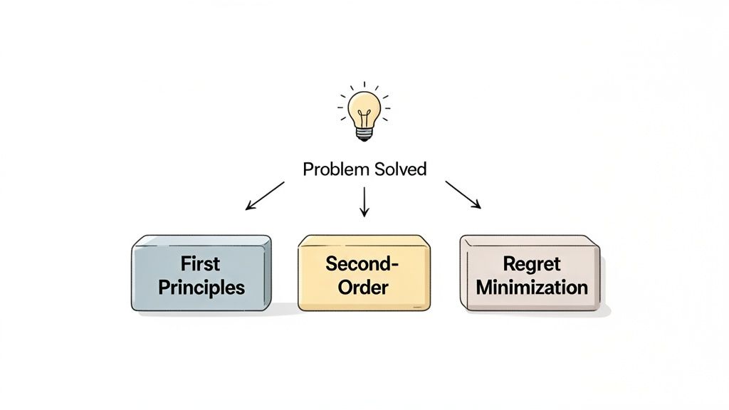 A diagram shows a lightbulb above 'Problem Solved', branching to 'First Principles', 'Second-Order', and 'Regret Minimization'.
