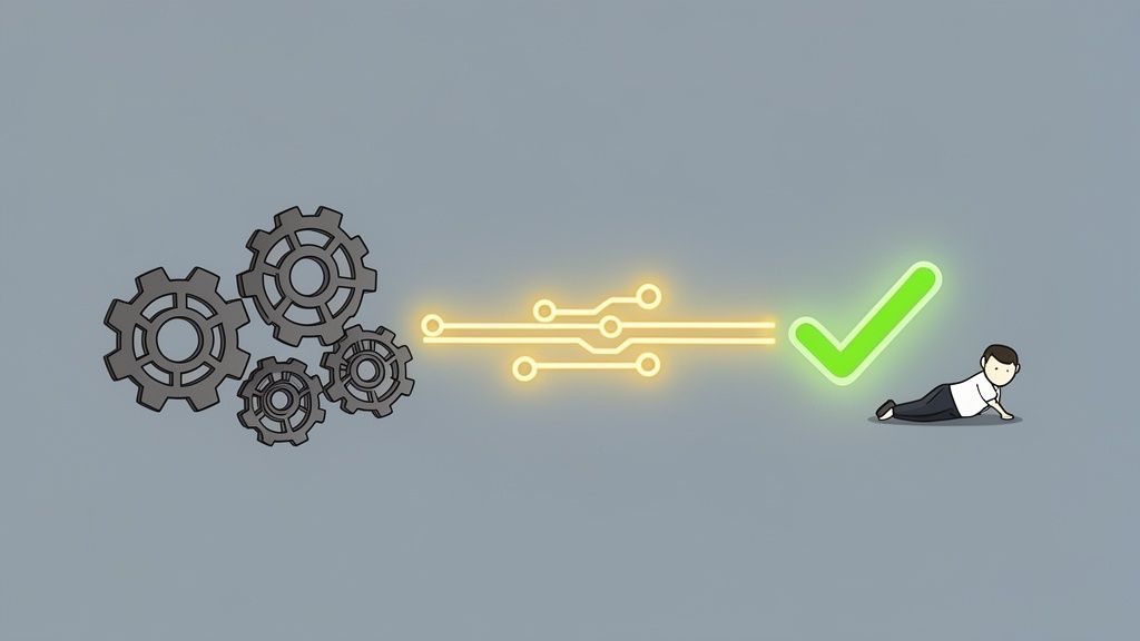 An animated depiction of gears, a circuit, a checkmark, and a man, signifying workflow success.