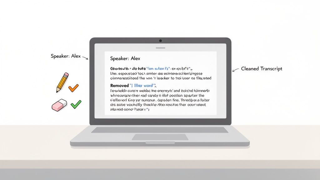 A laptop screen showing a cleaned transcript for speaker Alex, with removed filler words, alongside a pencil and eraser.