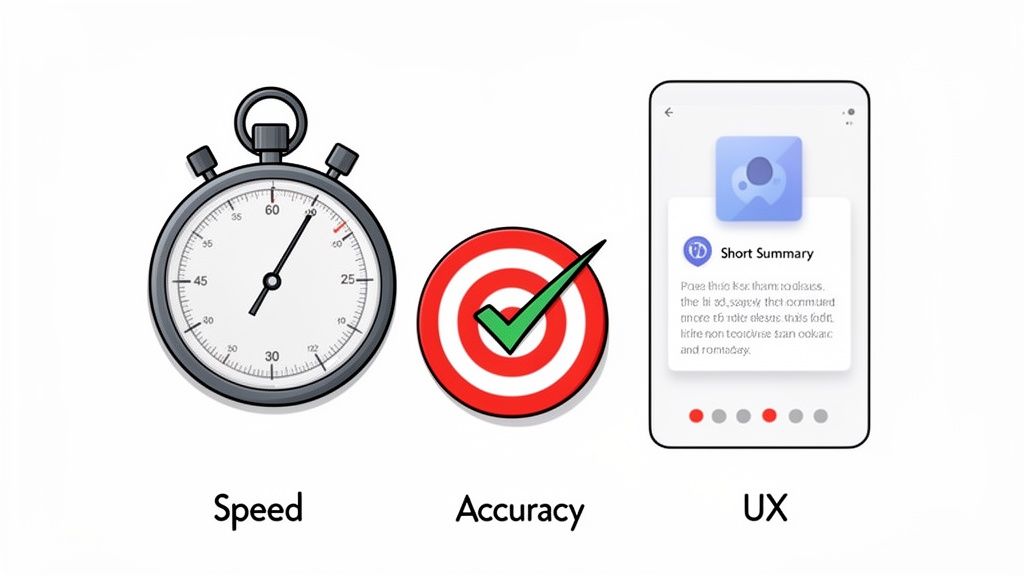Visual representation of key performance indicators for an app: speed with a stopwatch, accuracy with a target, and user experience with a smartphone interface.
