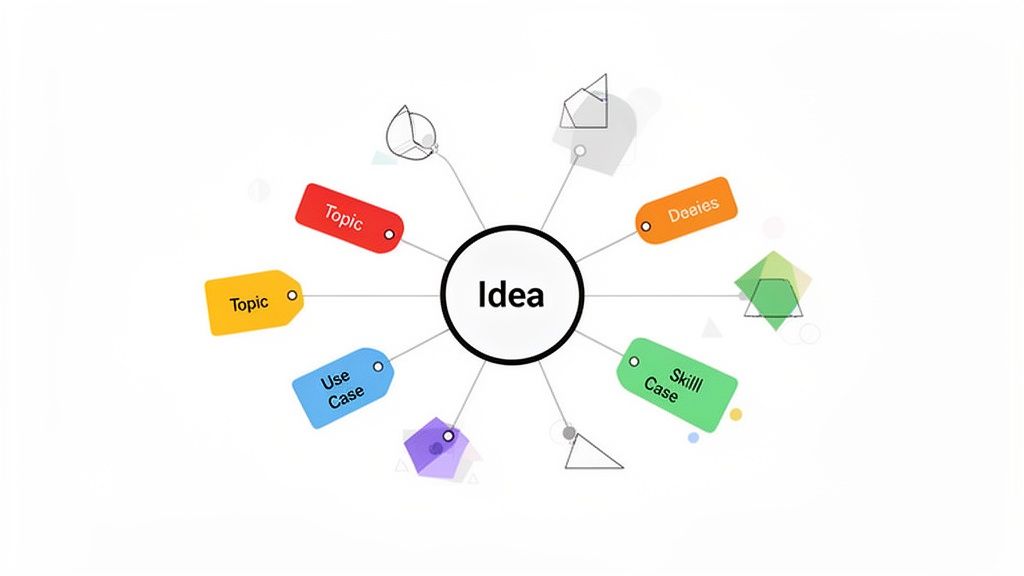 Mind map with "Idea" at center, connecting to colored tags like "Topic", "Use Case", and "Skill Case".
