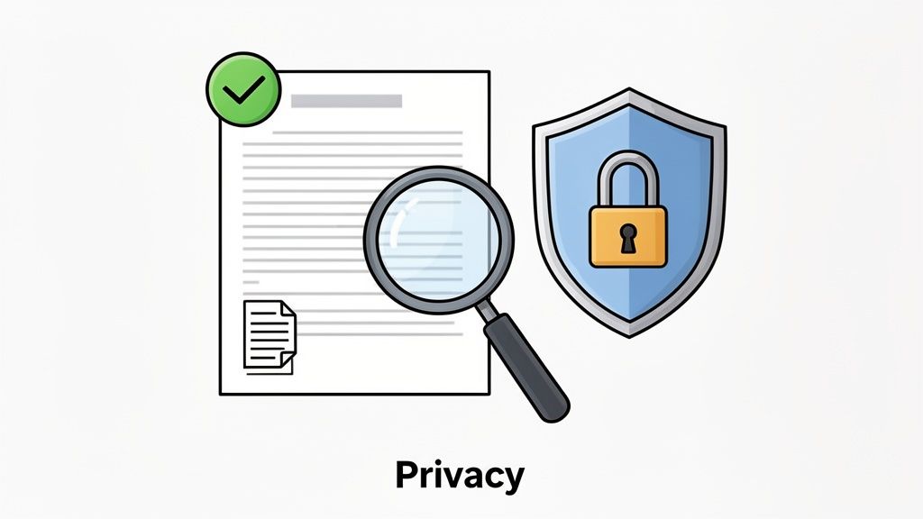 Illustration of data privacy review with a document, magnifying glass, shield, and padlock.