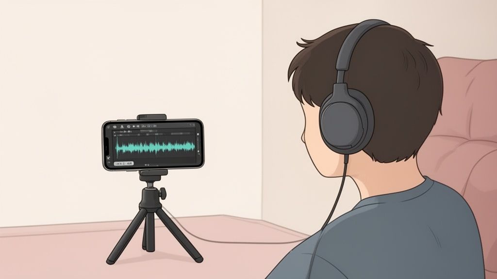 A person with headphones monitors an audio waveform on an iPhone mounted on a tripod.