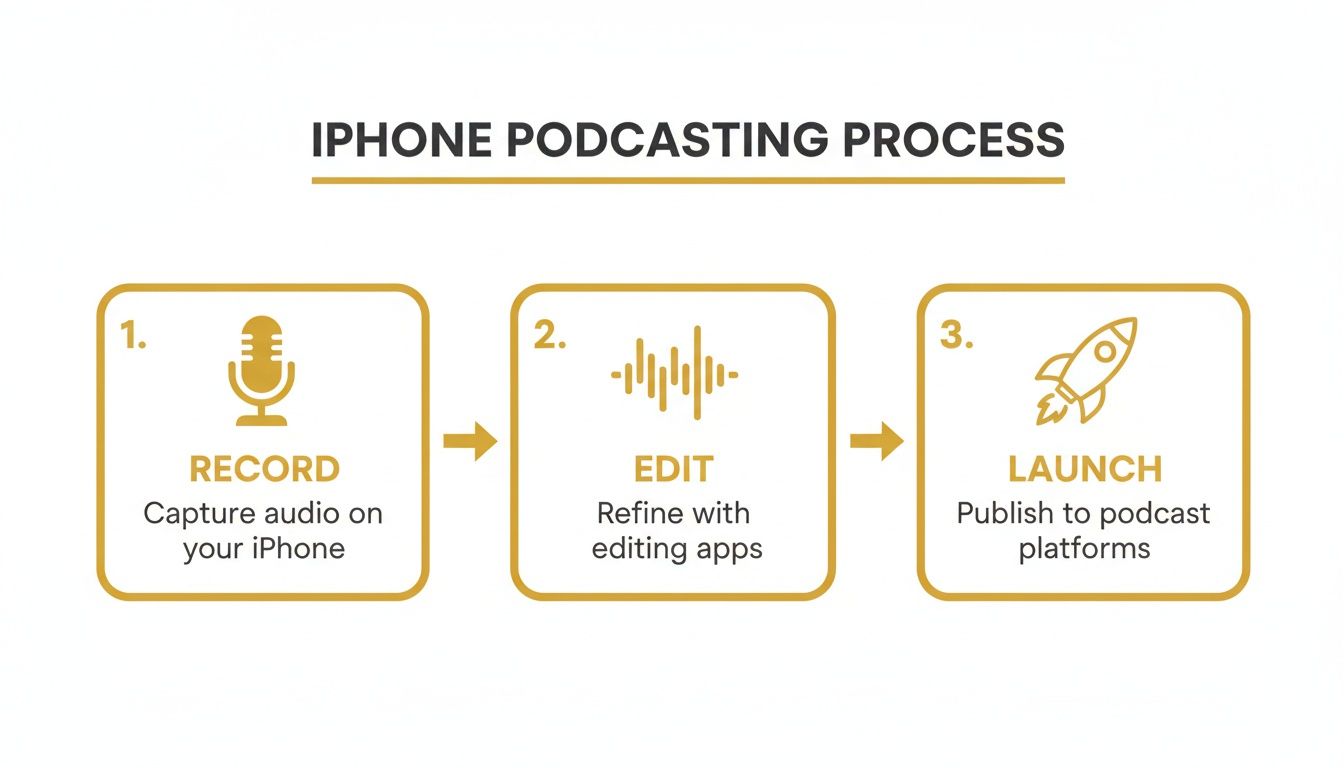 A visual guide detailing the three-step iPhone podcasting process: record, edit, and launch.