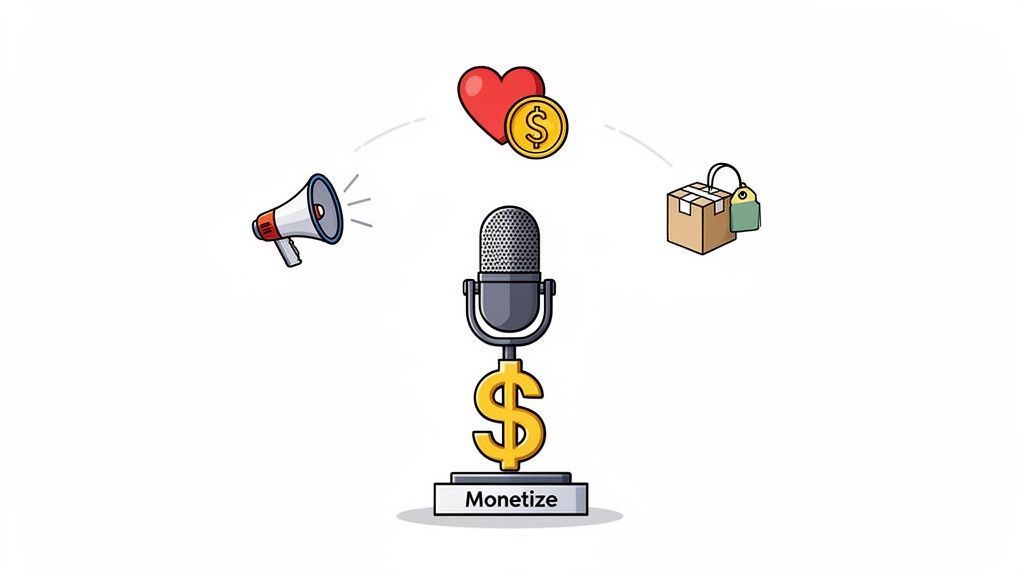 A microphone on a dollar sign stand with 'Monetize', surrounded by icons for promotion, donations, and products.