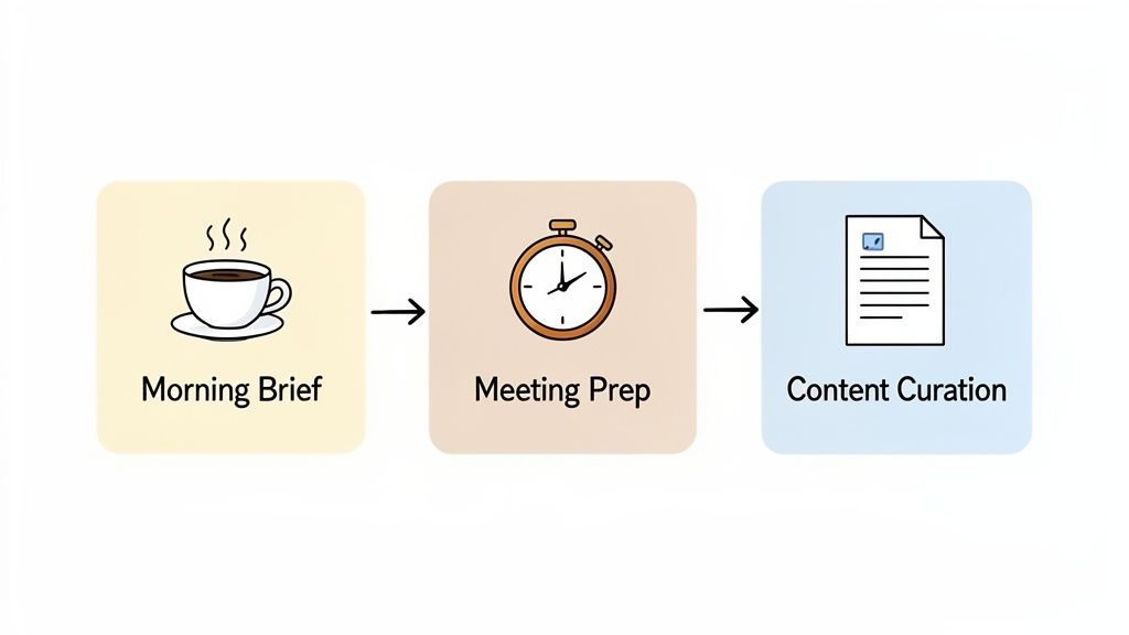 A three-step workflow diagram showing Morning Brief, Meeting Prep, and Content Curation with icons.