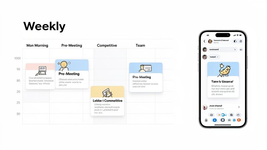 A weekly schedule grid with task cards alongside a smartphone showing a chat app.