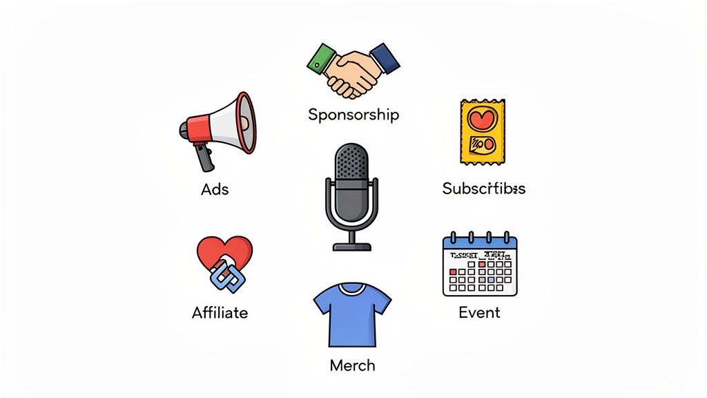 Icons illustrating various podcast monetization strategies: sponsorship, ads, subscriptions, affiliate, merch, and events.