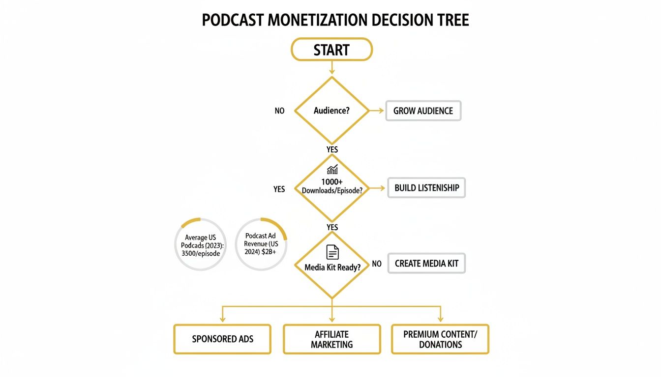 A flowchart titled 'Podcast Monetization Decision Tree' illustrating steps to monetize a podcast, including audience growth and income streams.