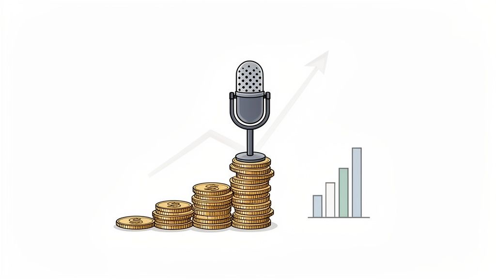 Podcast monetization illustration with increasing coin stacks, a microphone, and growth charts.