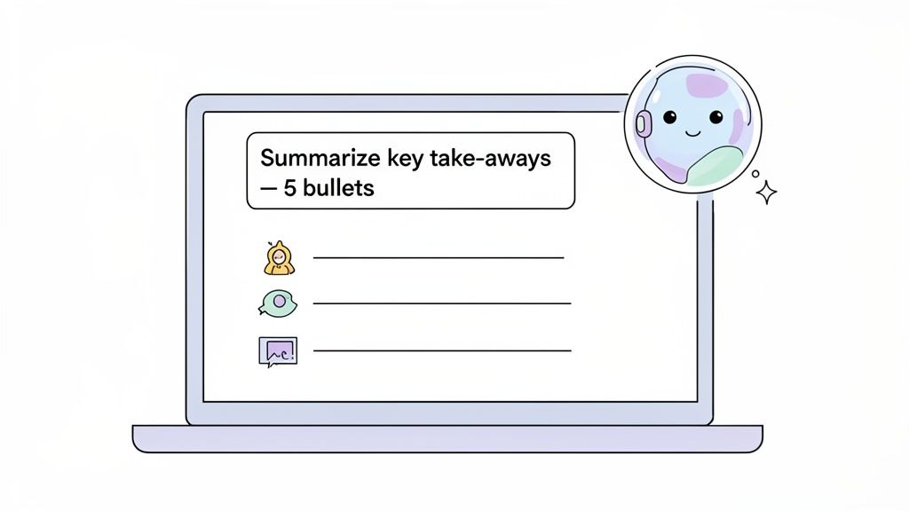 A laptop screen displays 'Summarize key take-aways - 5 bullets' with icons, beside a cute character with headphones.
