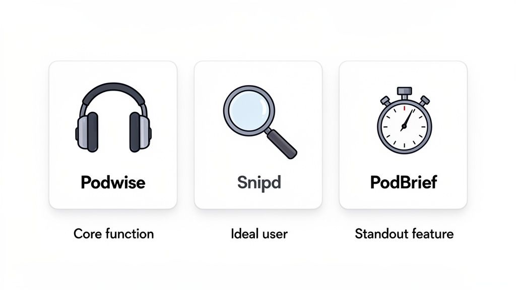 Comparison of Podwise, Snipd, and PodBrief, illustrating their core function, ideal user, and standout feature.