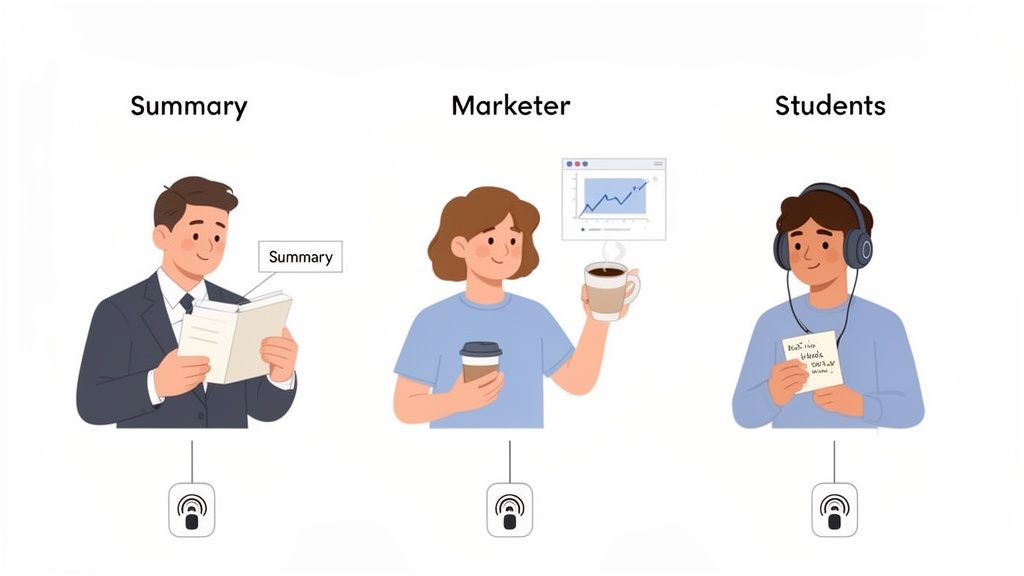 Three individuals (businessman, marketer, student) listening to podcasts, showcasing diverse user benefits.