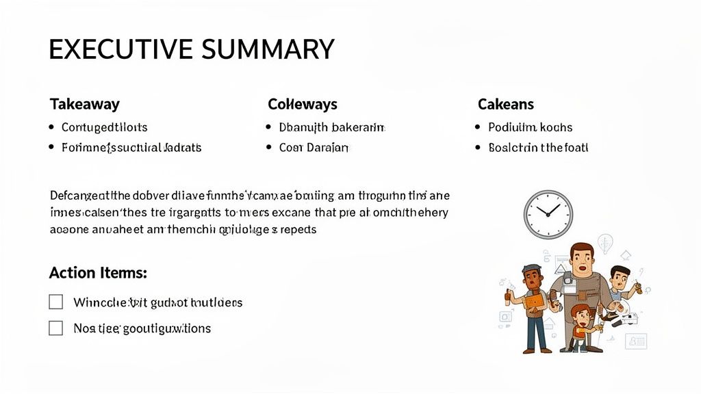A presentation slide titled 'Executive Summary' with bullet points, action items, and a cartoon illustration.