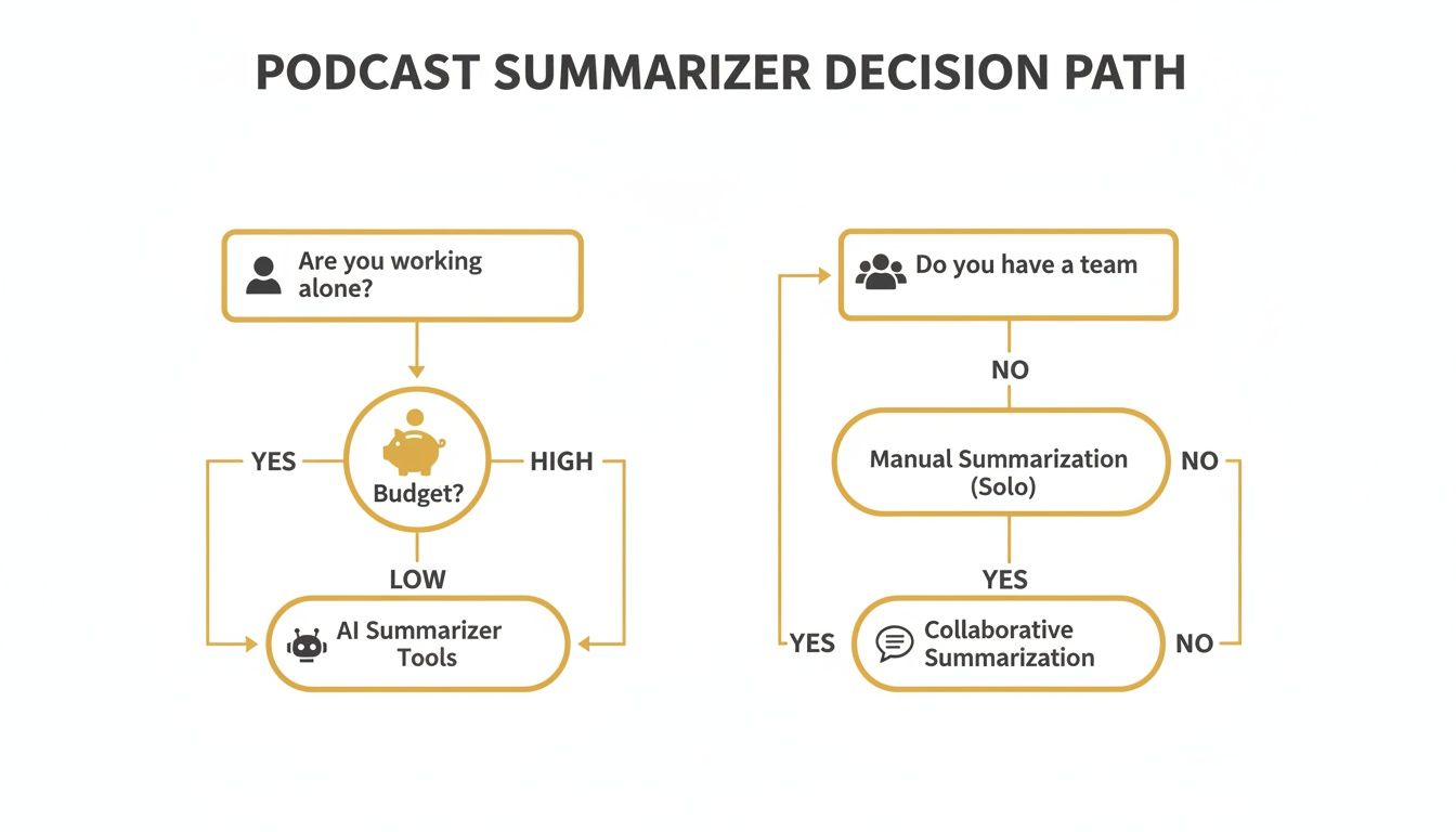 Flowchart illustrating podcast summarizer decision paths based on working alone, budget, and team collaboration.
