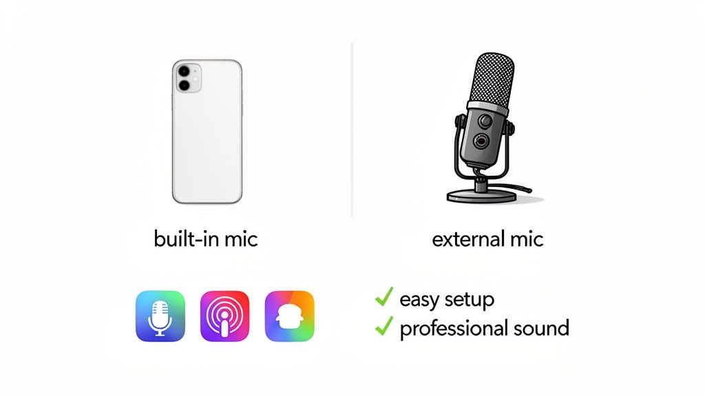 Comparison of using an iPhone's built-in mic versus an external microphone for podcast recording.