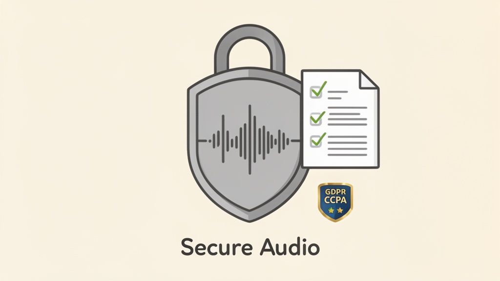 A shield-shaped padlock with an audio waveform, a checklist, and a GDPR/CCPA badge for secure audio.