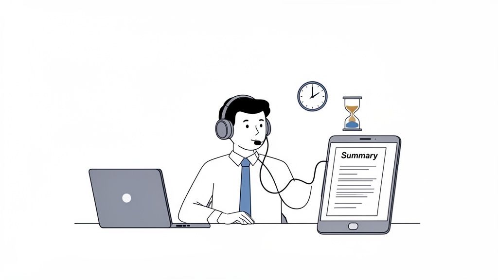 An animated man with a headset uses a laptop and a tablet displaying a summary, next to a clock and hourglass.