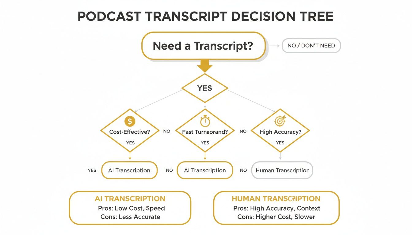Decision tree illustrating when to use AI or human transcription for podcasts based on cost, speed, and accuracy.