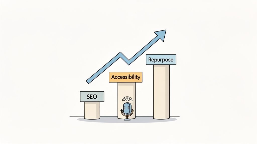Bar chart illustrating growth in podcast SEO, accessibility (with microphone icon), and content repurposing.