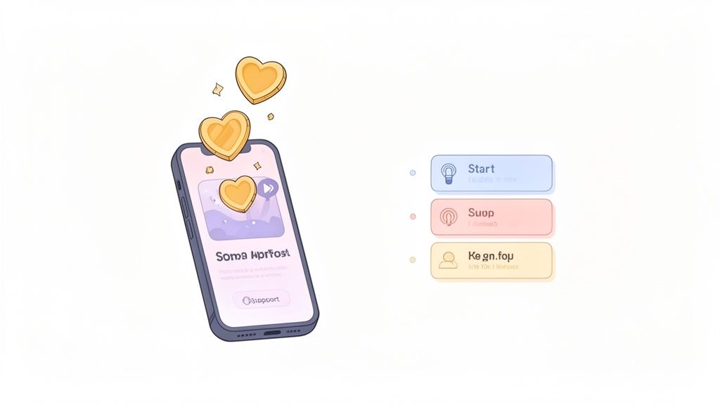 An illustration of a smartphone displaying a podcast app with floating hearts and interactive buttons.