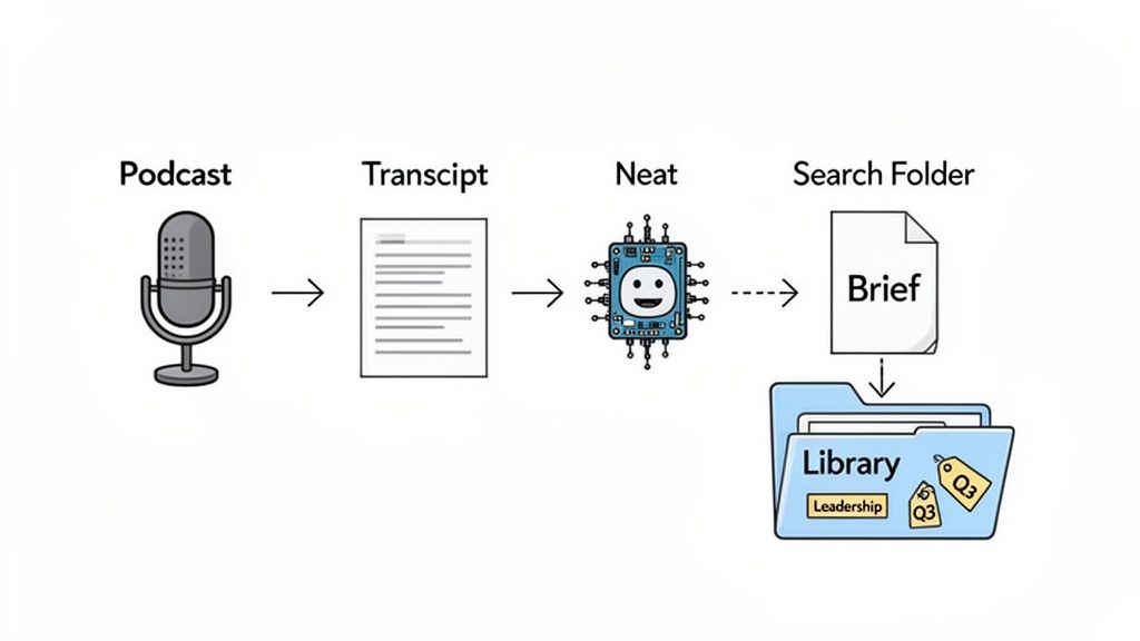 Diagram illustrating the workflow from podcast to transcript, processed by 'Neat' into a brief and library.