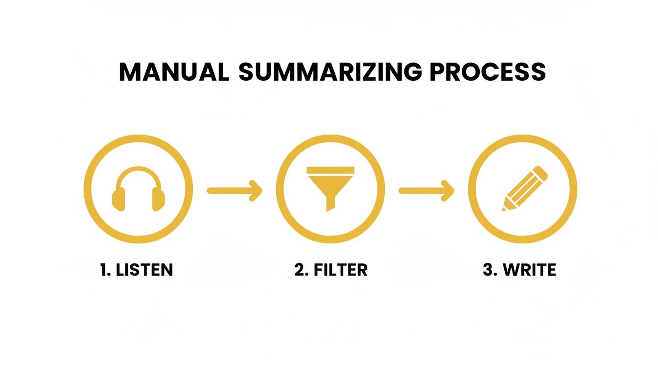 A flowchart showing the manual summarizing process: listen, filter, and write with corresponding icons.