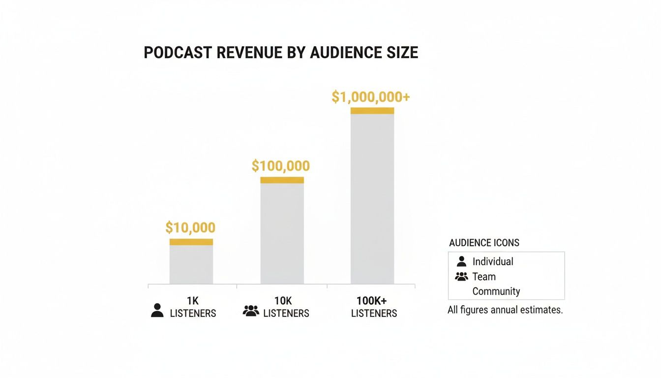 Bar chart displays podcast revenue estimates: $10K (1K listeners), $100K (10K listeners), $1M+ (100K+ listeners).