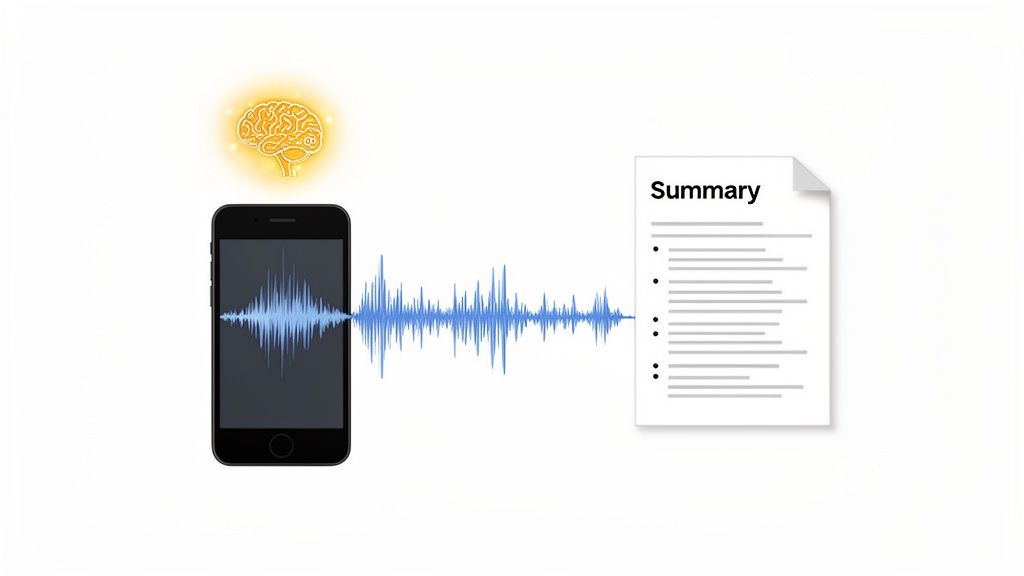 A smartphone processing audio into a sound wave, connected to an AI brain generating a summary document.