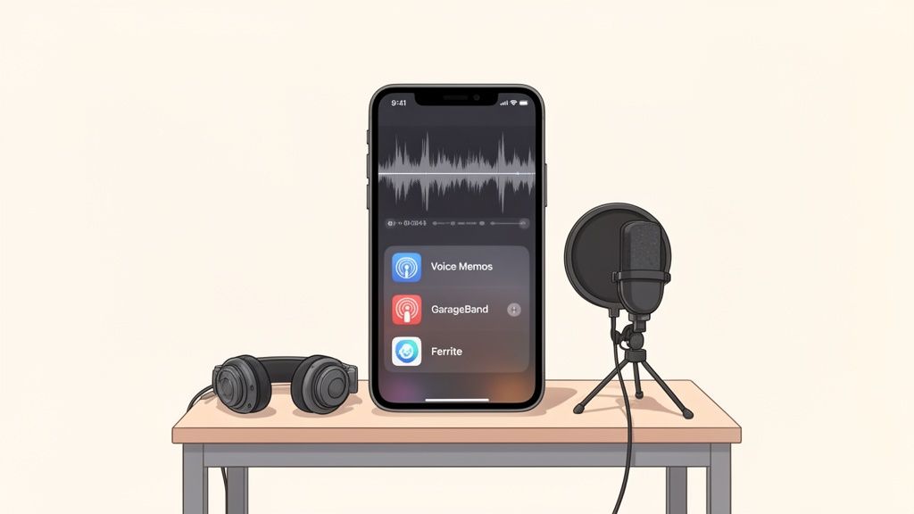 An iPhone displays audio recording apps next to headphones and a microphone on a table, illustrating podcasting setup.
