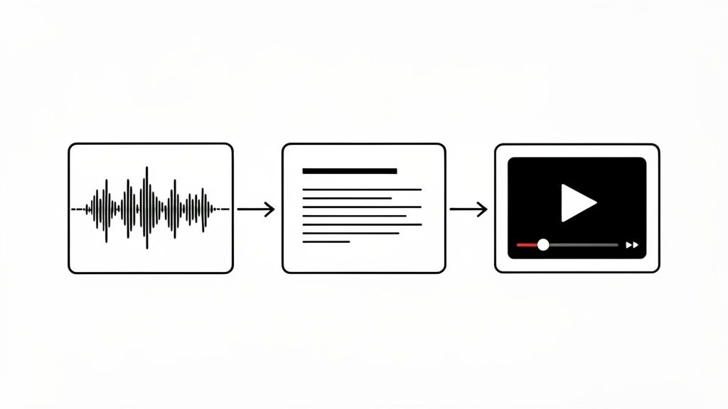 Workflow diagram: audio waveform transforming into text, then into a video player.