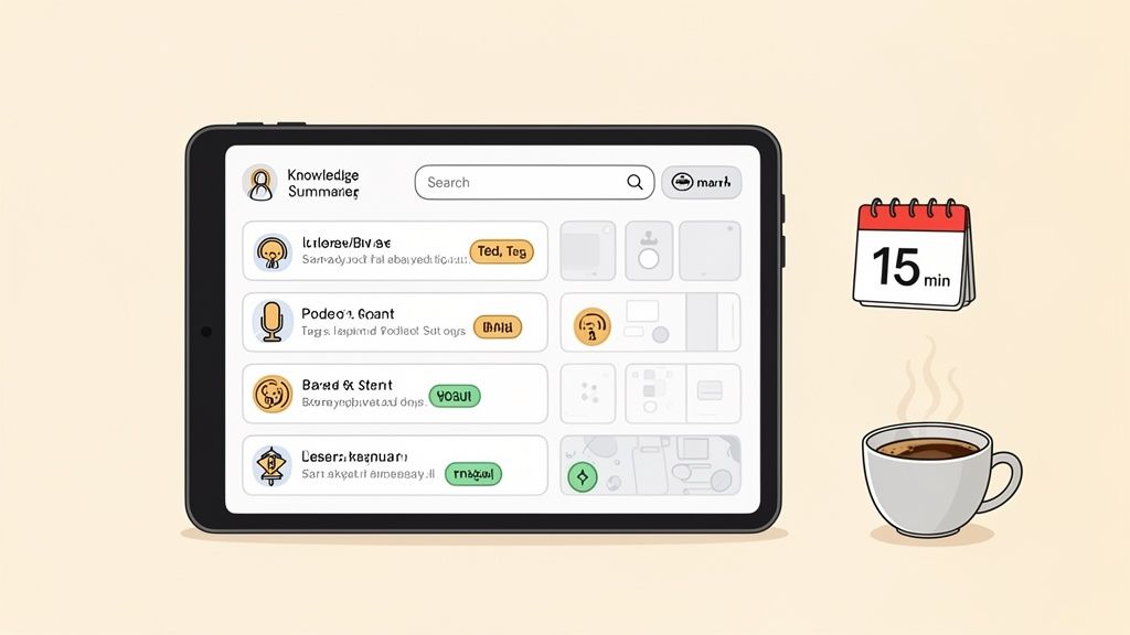 A tablet displays a 'Knowledge Summaries' app with podcast entries, a 15-minute calendar, and a steaming cup of coffee.