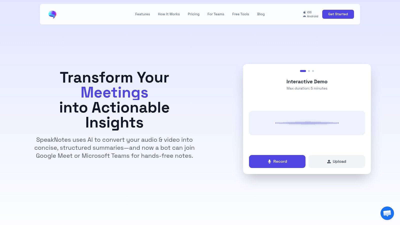 The SpeakNotes website interface showcasing its podcast summary generator tool.