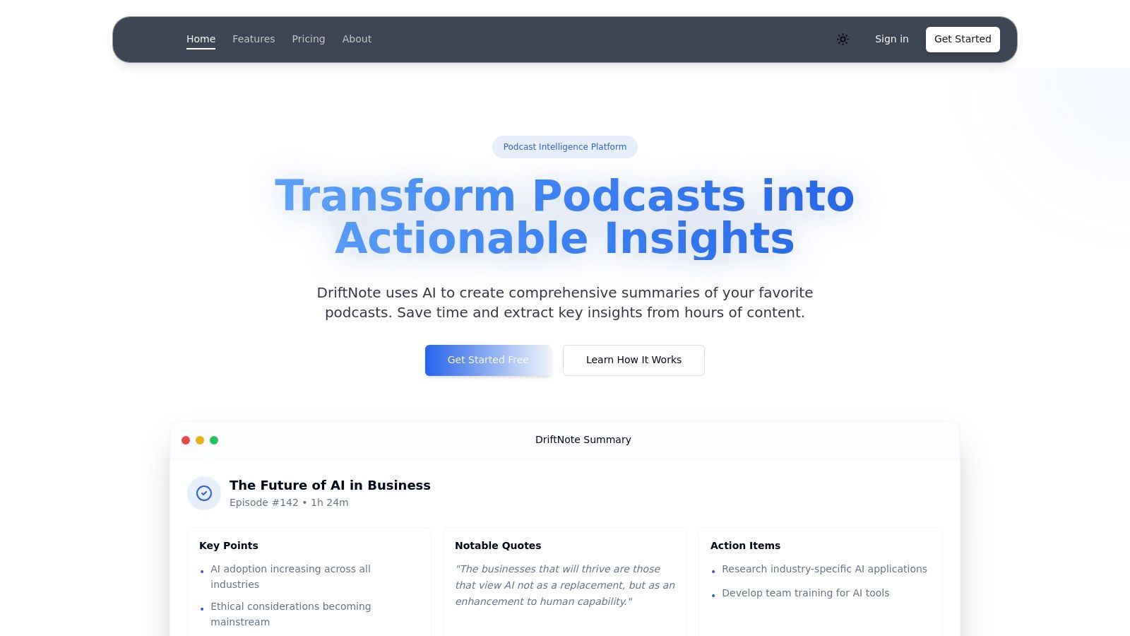 A screenshot of the DriftNote interface showing a structured summary with key points and action items.