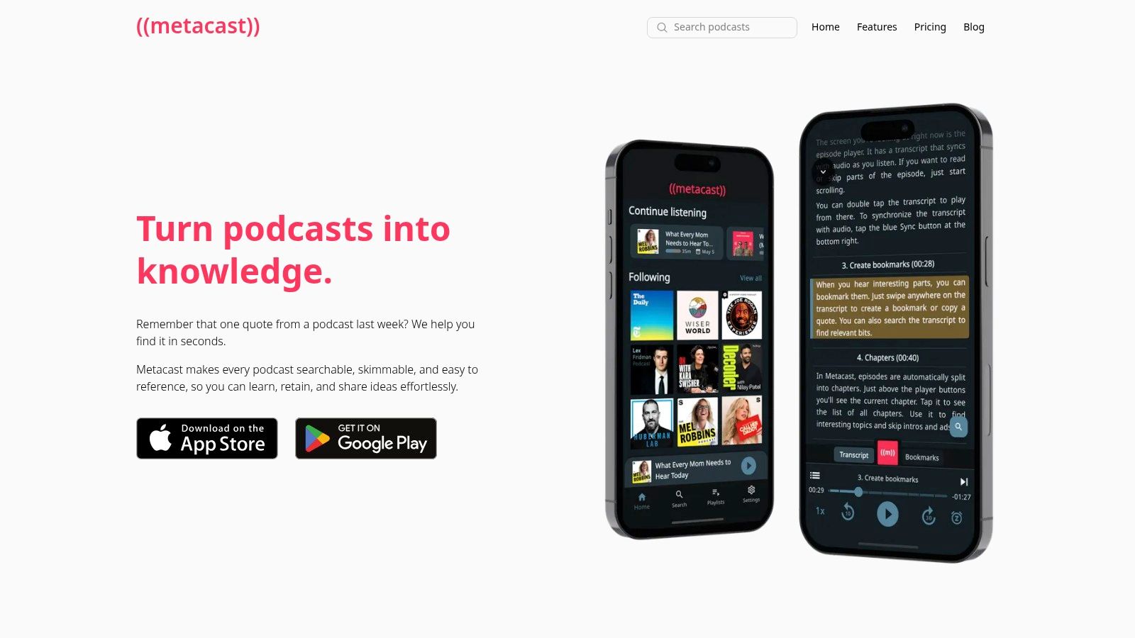 An image of the Metacast app interface showing a podcast episode with its AI-generated transcript and chapters.