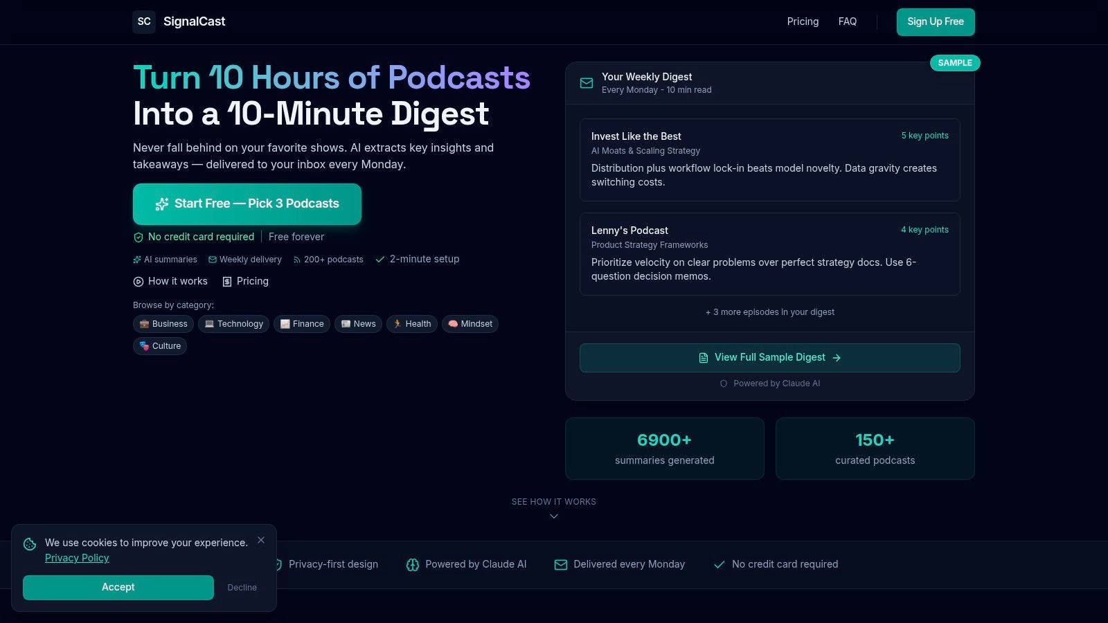 SignalCast's web interface showing how users can follow podcasts and receive summarized digests.